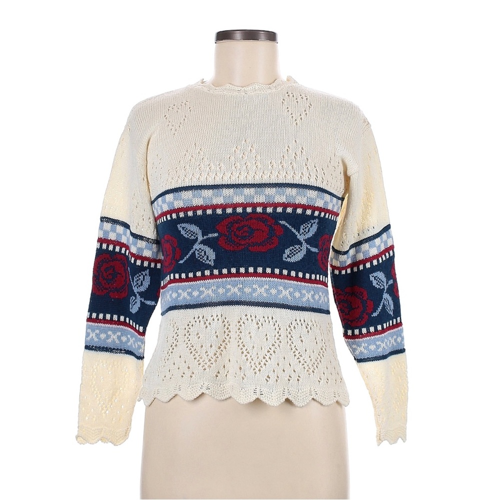 Adriella Vintage 90s Floral Rose Knit Cream Sweater